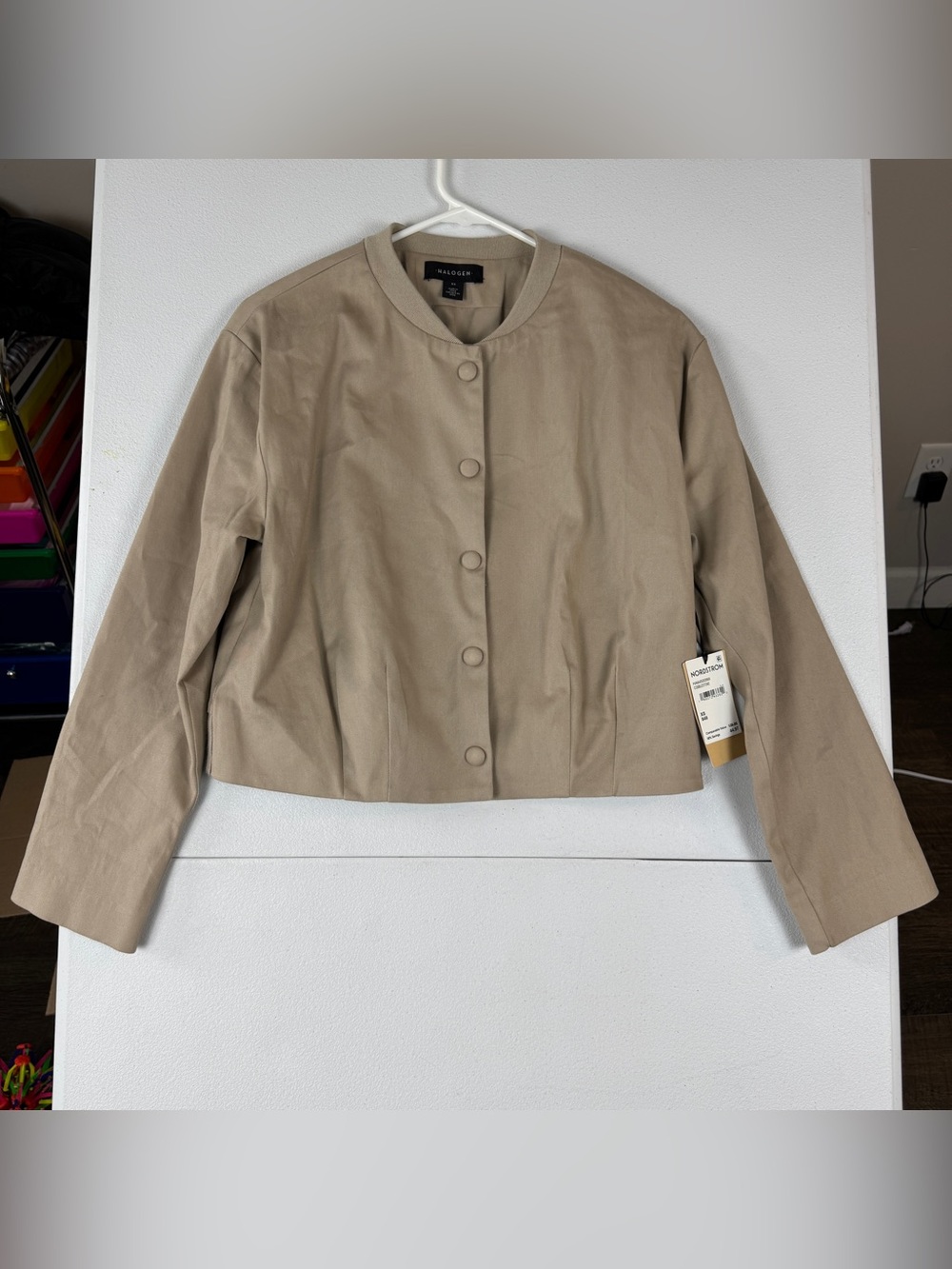 Halogen Snap‎ Front Crop Bomber Jacket Womens XS Cobblestone Beige Banded Collar